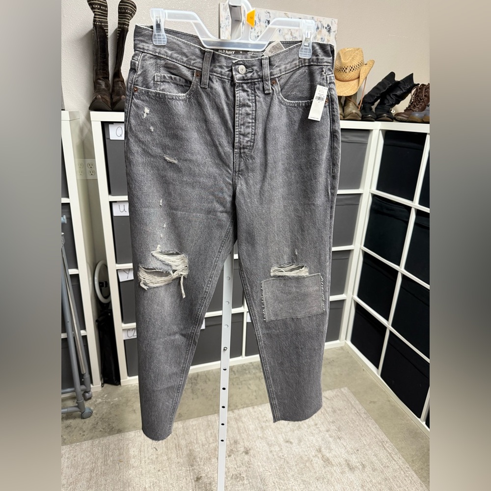 Old Navy Sky-Hi Straight Secret-Slim Pocket Distressed Gray Jeans Raw Hem NWT